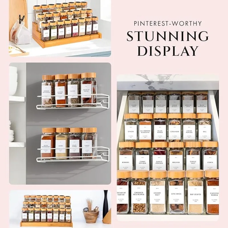 Ensemble de pots à épices carrés avec couvercle en bois, pots à épices avec insert doseur et étiq... – Image 3