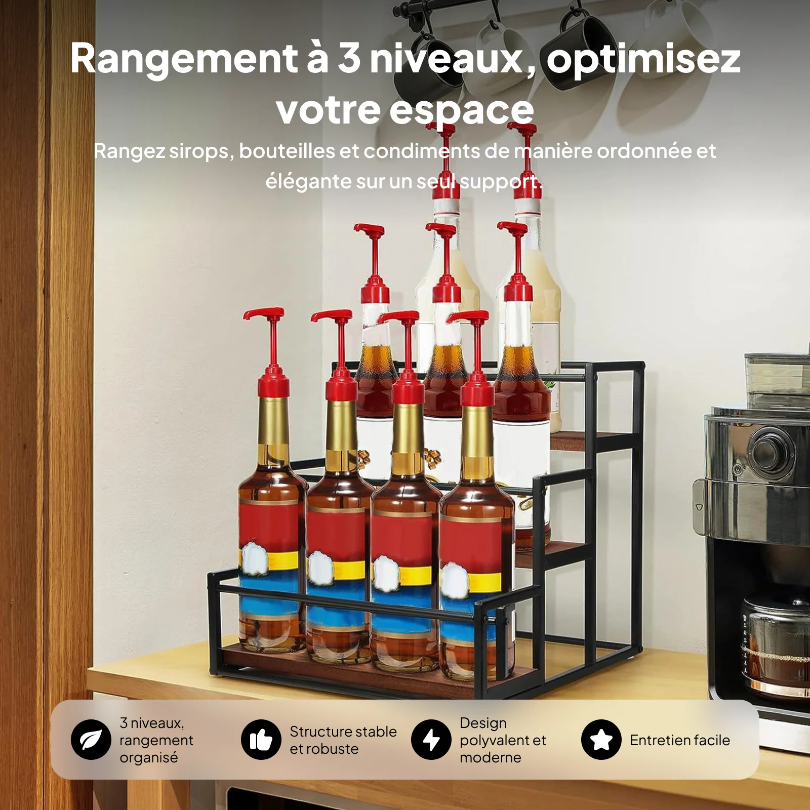 Support organisateur d'épices à 3 niveaux, présentoir de bouteilles de sirop, étagères de rangeme... – Image 2