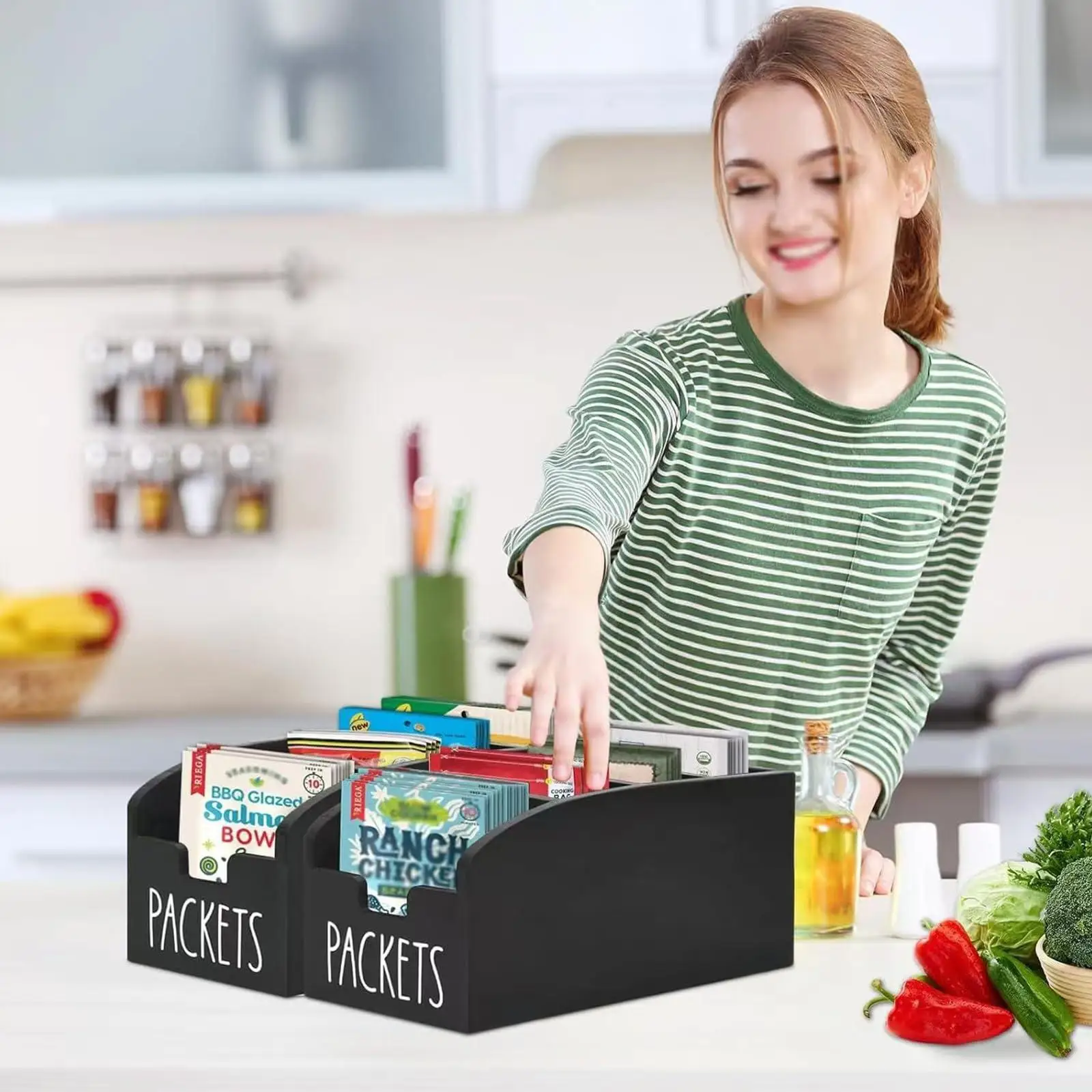 Boîte de rangement pour épices de cuisine, étagère à épices en bois avec 4 compartiments, organis... – Image 3