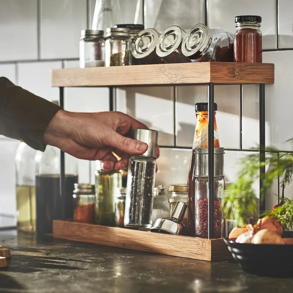 Étagère à Épices en Bambou à 2 Niveaux, Organisateur de Comptoir de Cuisine, Étagère de Rangement...