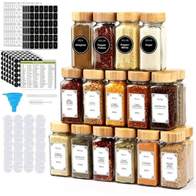 Lot de 12 pots à épices en verre avec couvercle en bambou, bocaux de cuisine en verre, ensemble d...