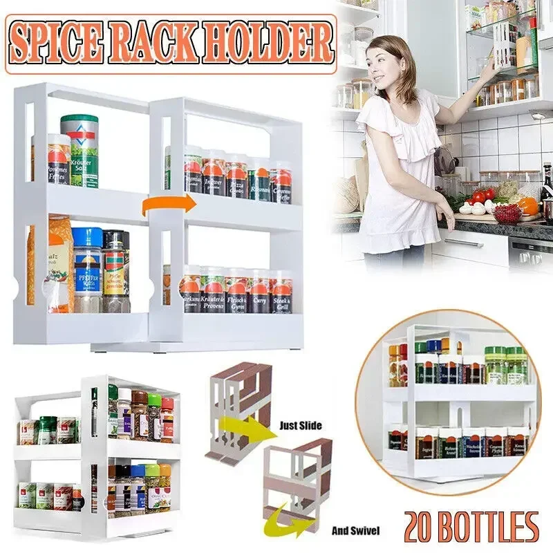 Étagère à épices rotative à 2 niveaux - Étagère de rangement multifonctionnelle coulissante pour... – Image 3