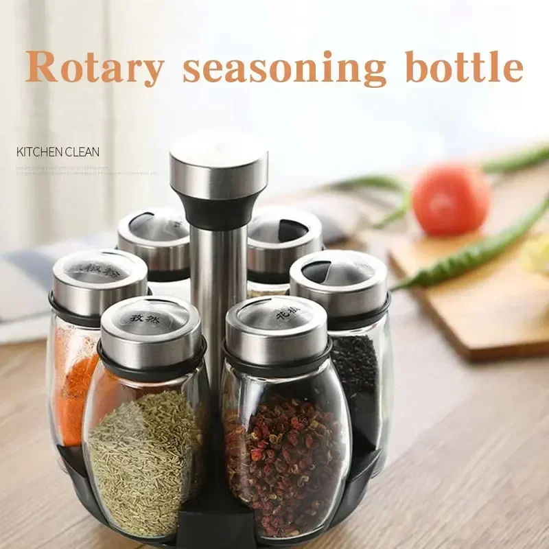 Ensemble de pots à épices en verre 6 en 1, support rotatif en verre pour assaisonnement, sucre, b... – Image 2