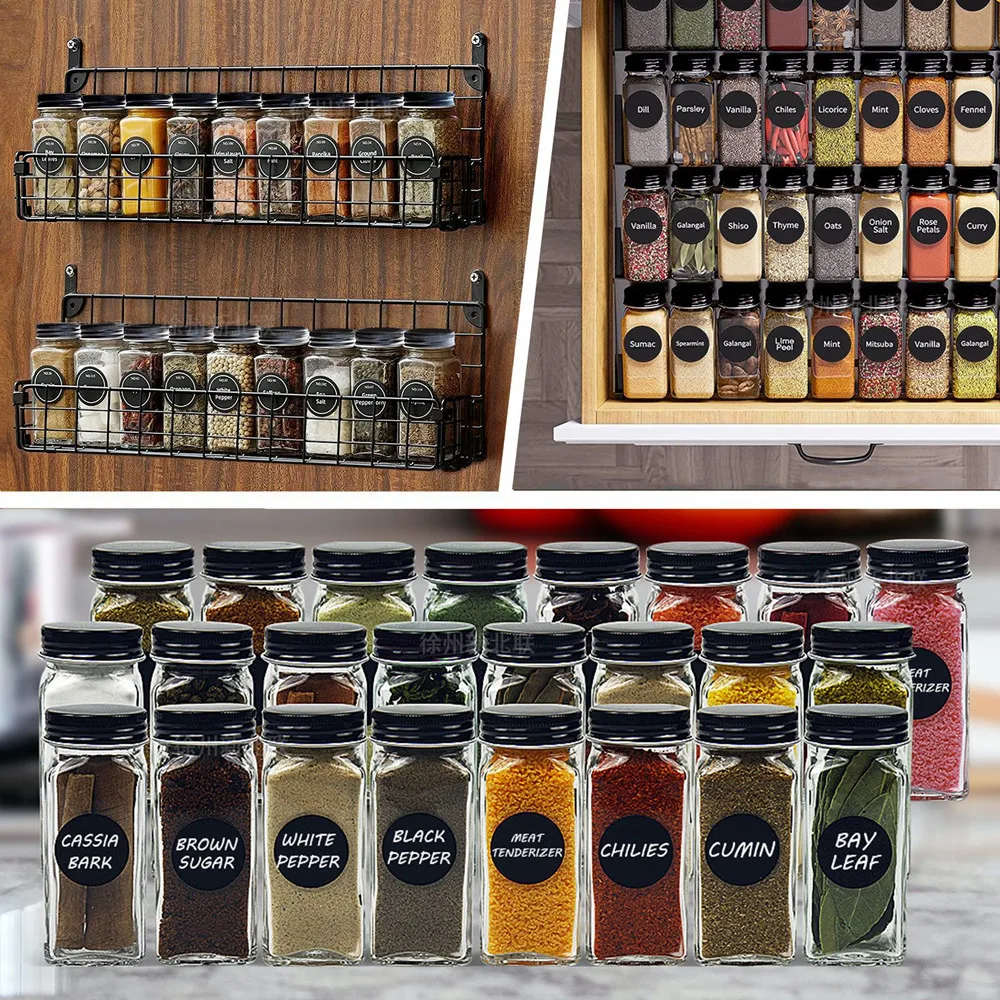 Lot de 12 pots à épices en verre avec étiquettes, pots carrés vides pour épices – Couvercles méta... – Image 2