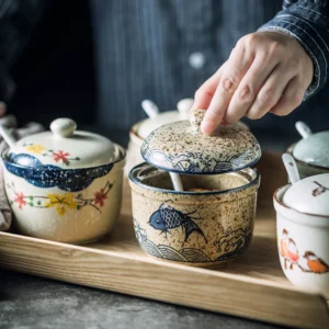 Pot à épices en céramique avec couvercle et cuillère, boîte de rangement pour sel/sucre/poivre, s...