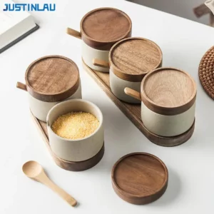 JUSTINLAU Pot d'assaisonnement en céramique récipient à épices japonais avec couvercle en bambou...
