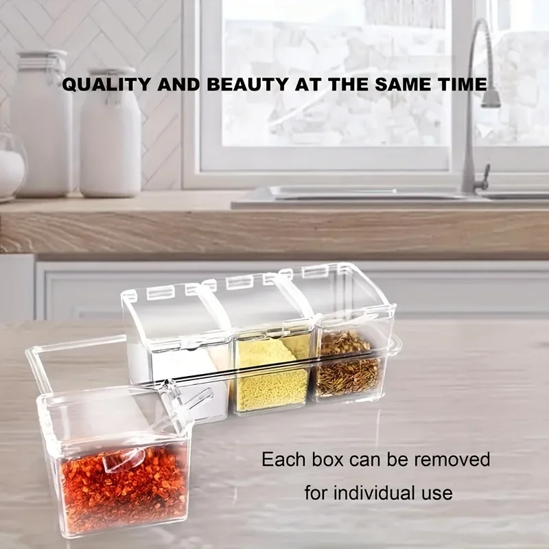 Boîte d'assaisonnement transparente à quatre compartiments avec couvercle de cuillère et Base de... – Image 3