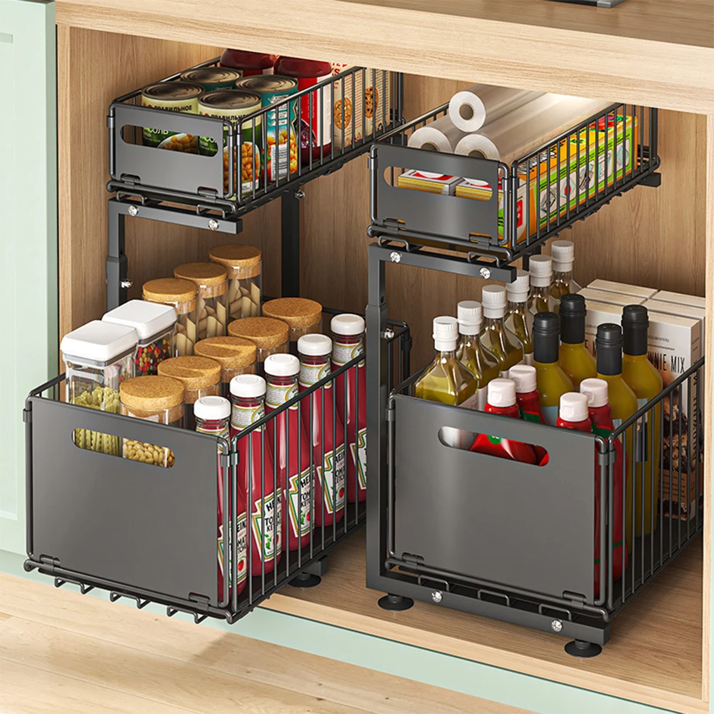 Organisateur d'armoire extractible à 2 niveaux, support de rangement de cuisine réglable sous l'é... – Image 2