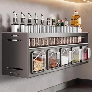 Ensemble de rangement mural pour épices de cuisine, sans perçage, avec récipients et distributeur...