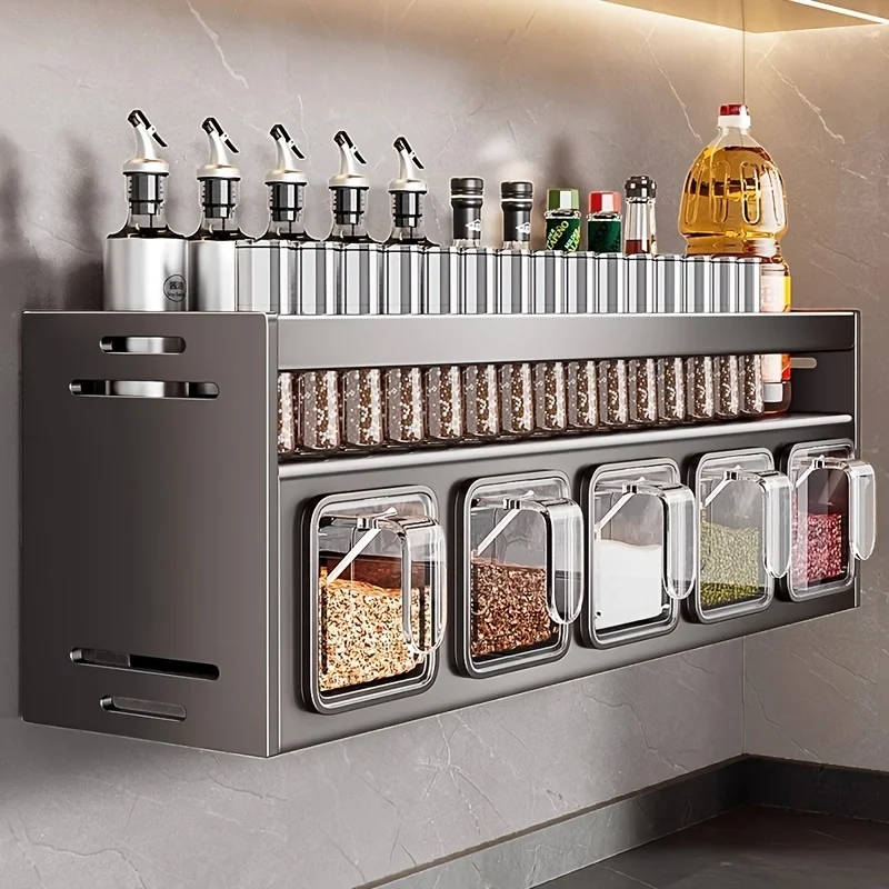 Ensemble de rangement mural pour épices de cuisine, sans perçage, avec récipients et distributeur...