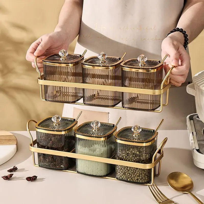 Ensemble de pots à épices transparents à motif Vertical plaqué or de luxe, pot de sel de cuisine... – Image 2
