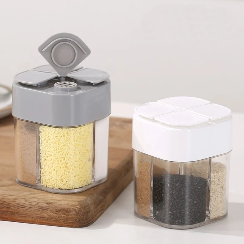 Pot distributeur d'épices Transparent 4 en 1 avec couvercles, récipient d'assaisonnement à 4 comp...