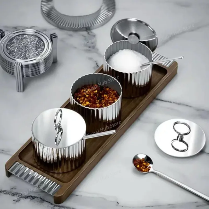 1PCS Pot à sel de luxe en acier inoxydable, sucrier avec couvercle et cuillère, récipient à épice... – Image 3