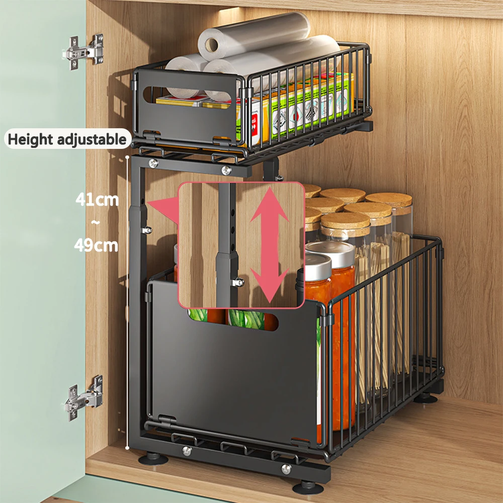 Organisateur d'armoire extractible à 2 niveaux, support de rangement de cuisine réglable sous l'é... – Image 3