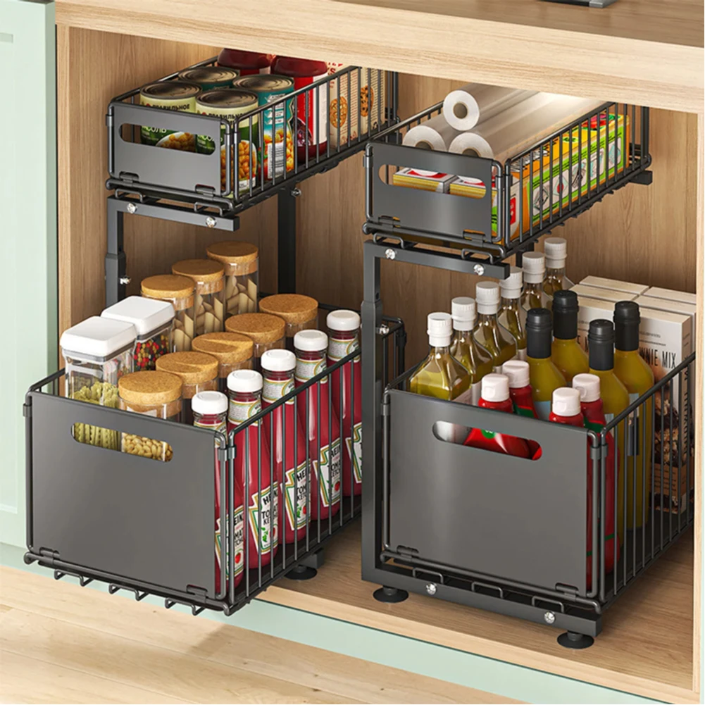 Organisateur d'armoire extractible à 2 niveaux, support de rangement de cuisine réglable sous l'é... – Image 2
