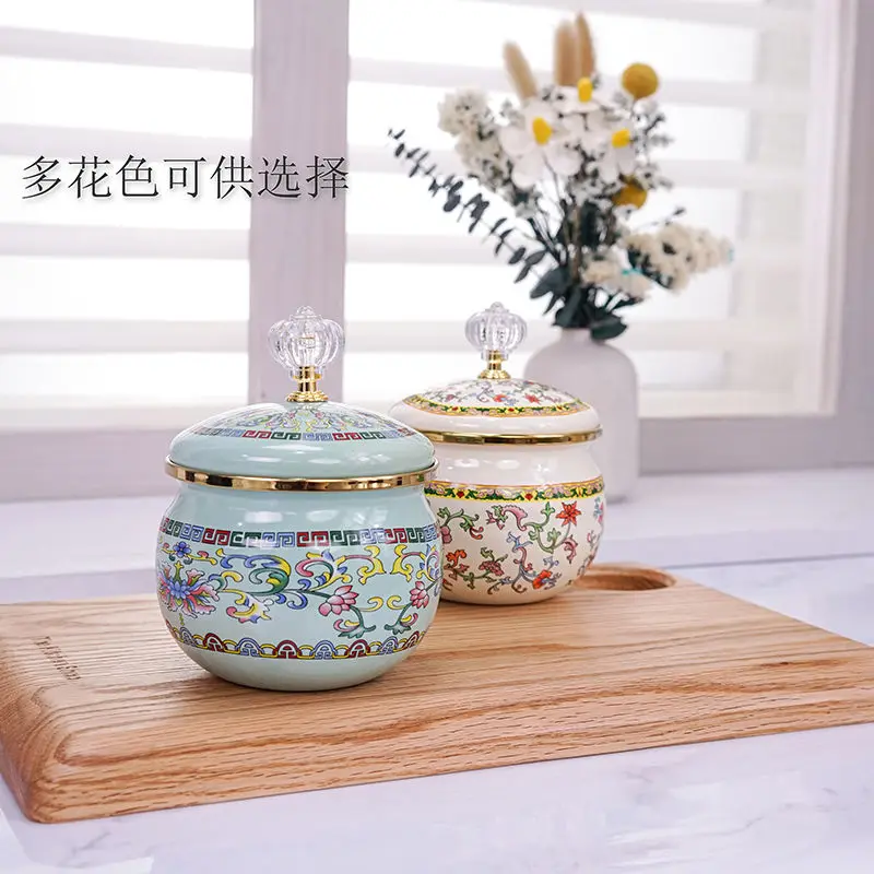 Pot de rangement en émail pour cuisine, stockage d'épices rond européen vintage, sans couches de... – Image 2