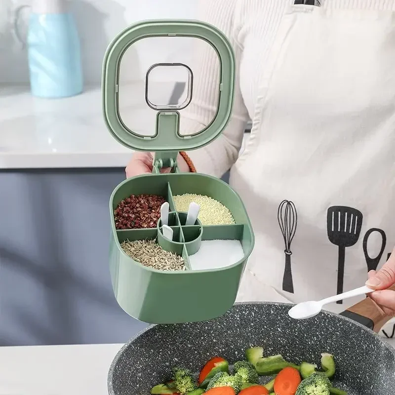 Pot à épices 4 en 1, boîte d'assaisonnement avec cuillère, multi-compartiments, sel, poivre, épic... – Image 3