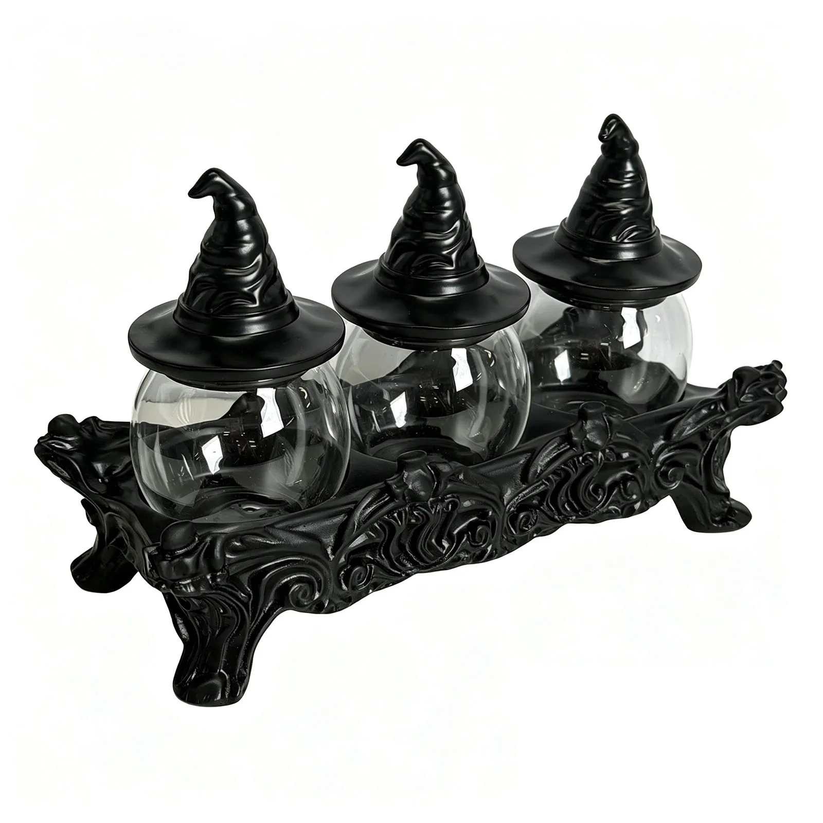 Ensemble de pots à épices d'apothicaire avec couvercles en forme de chapeau de sorcière, décorati... – Image 3