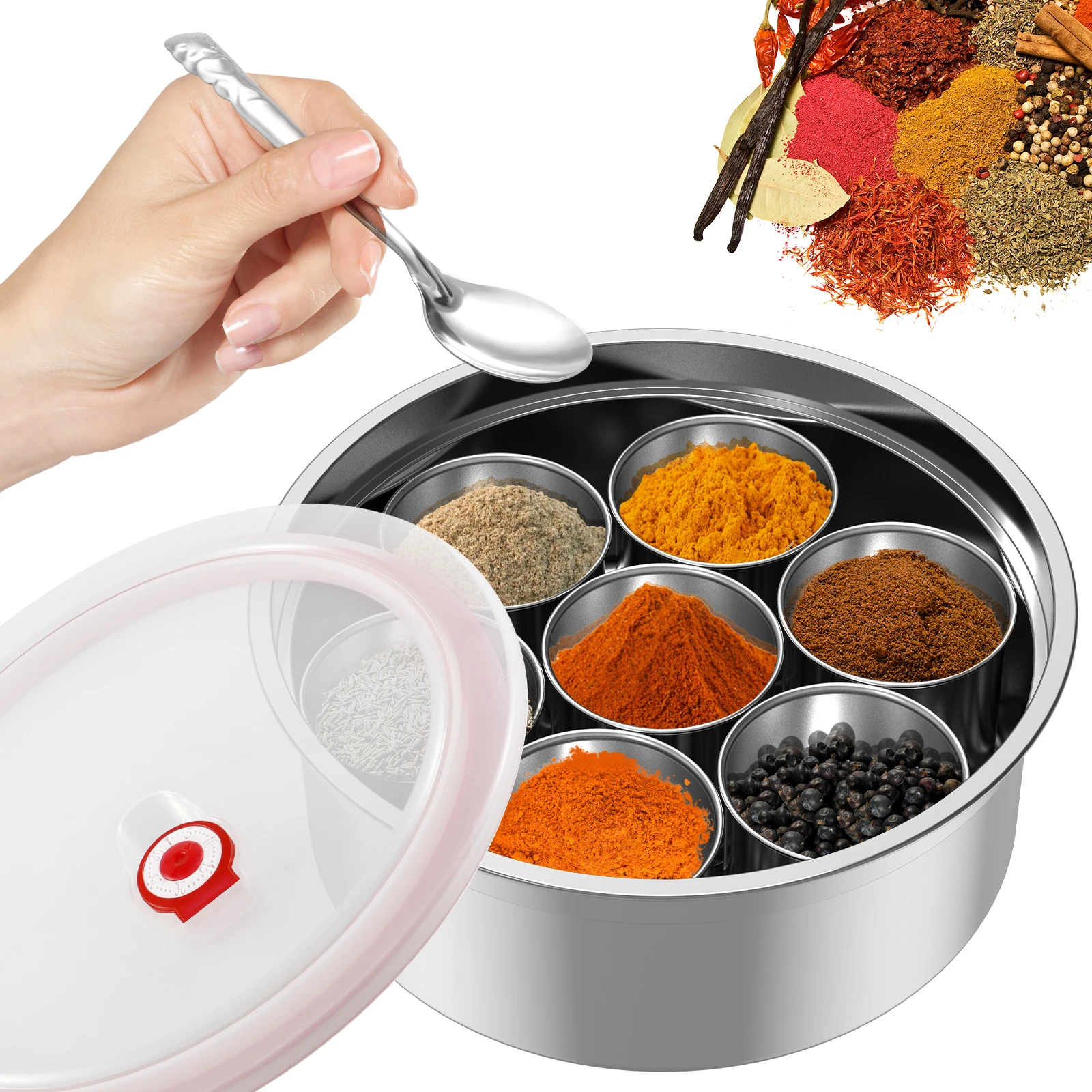 Masala Dabba Boîte à épices Récipient de stockage d'épices en acier inoxydable avec 7 compartimen...