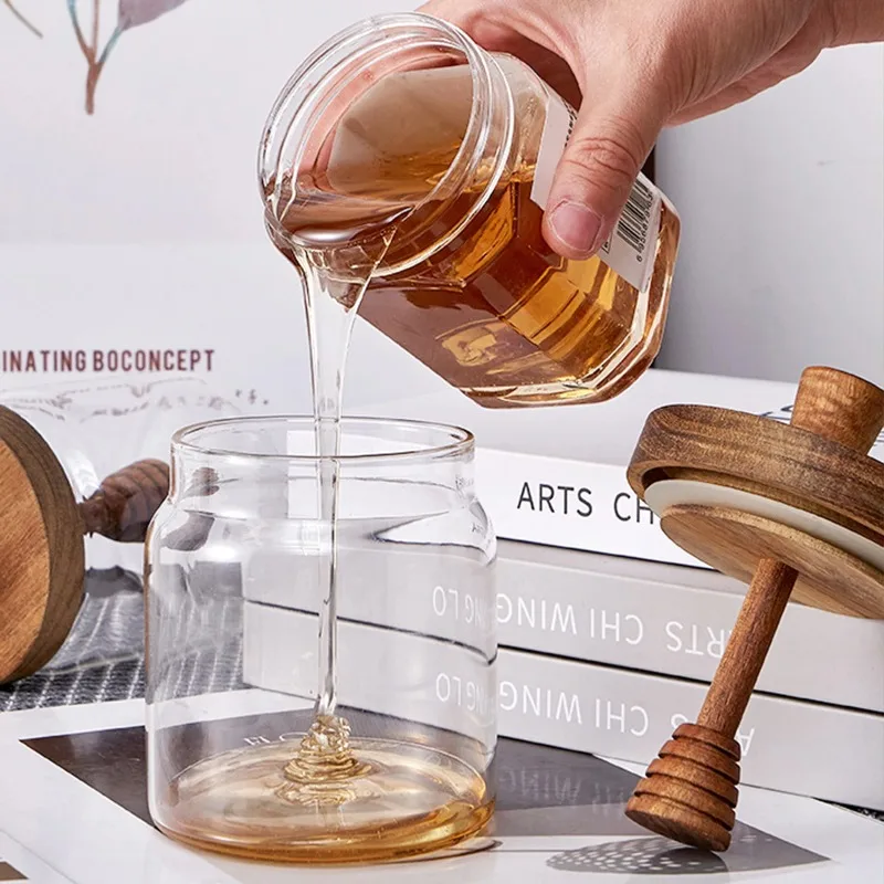 Pot à miel en verre borosilicate de haute qualité avec couvercle en bois massif et bâtonnet mélan... – Image 3
