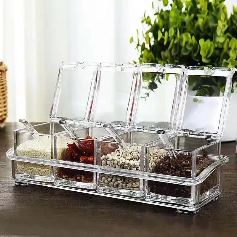 Boîte d'assaisonnement transparente à quatre compartiments avec couvercle de cuillère et Base de... – Image 2