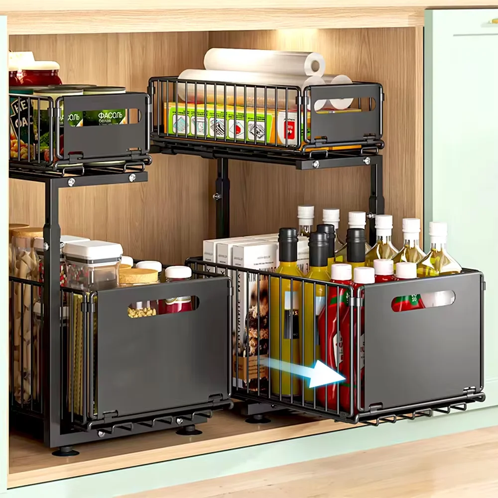 Organisateur d'armoire extractible à 2 niveaux, support de rangement de cuisine réglable sous l'é...