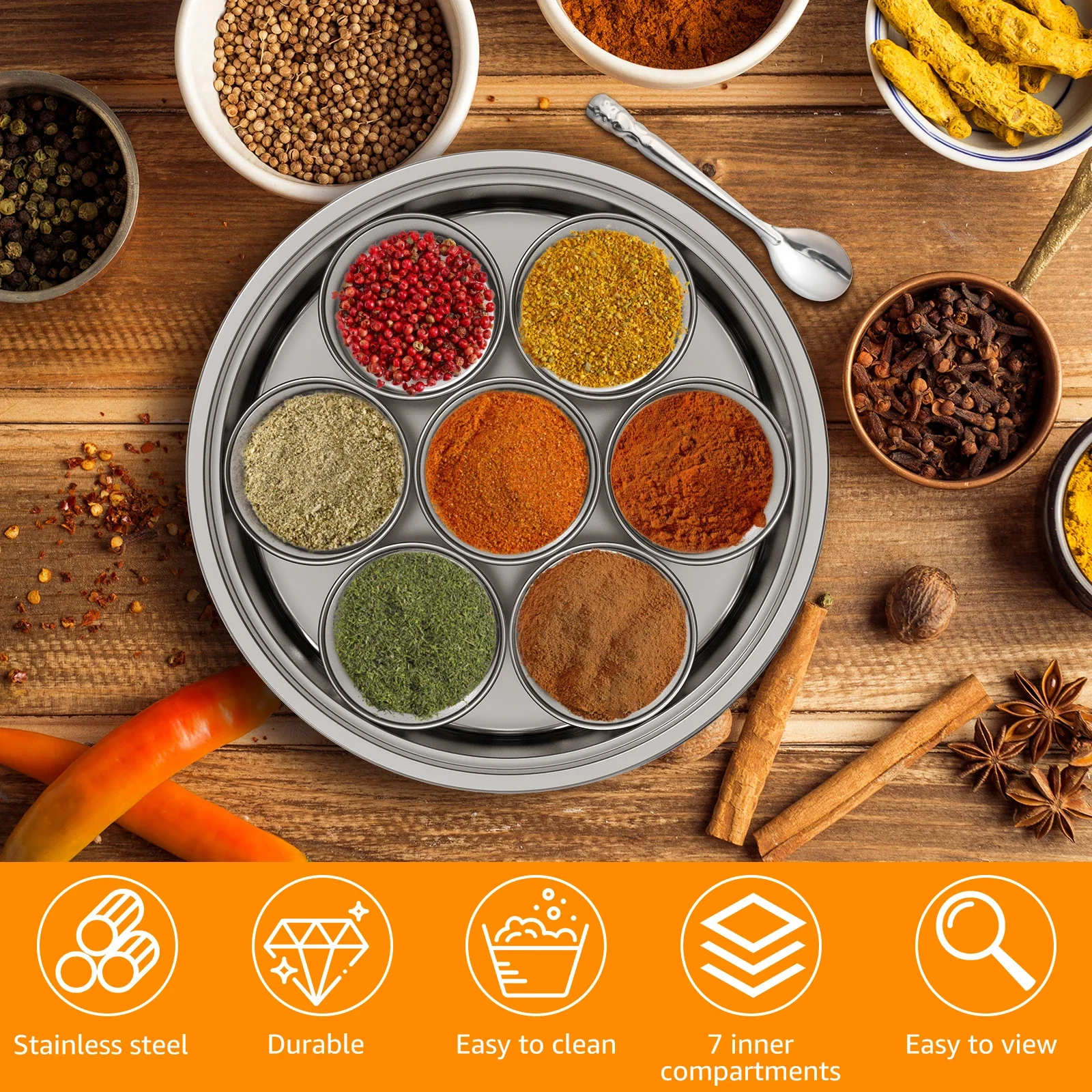 Masala Dabba Boîte à épices Conteneurs à épices en acier inoxydable Masala Dabba avec 7 compartim... – Image 2