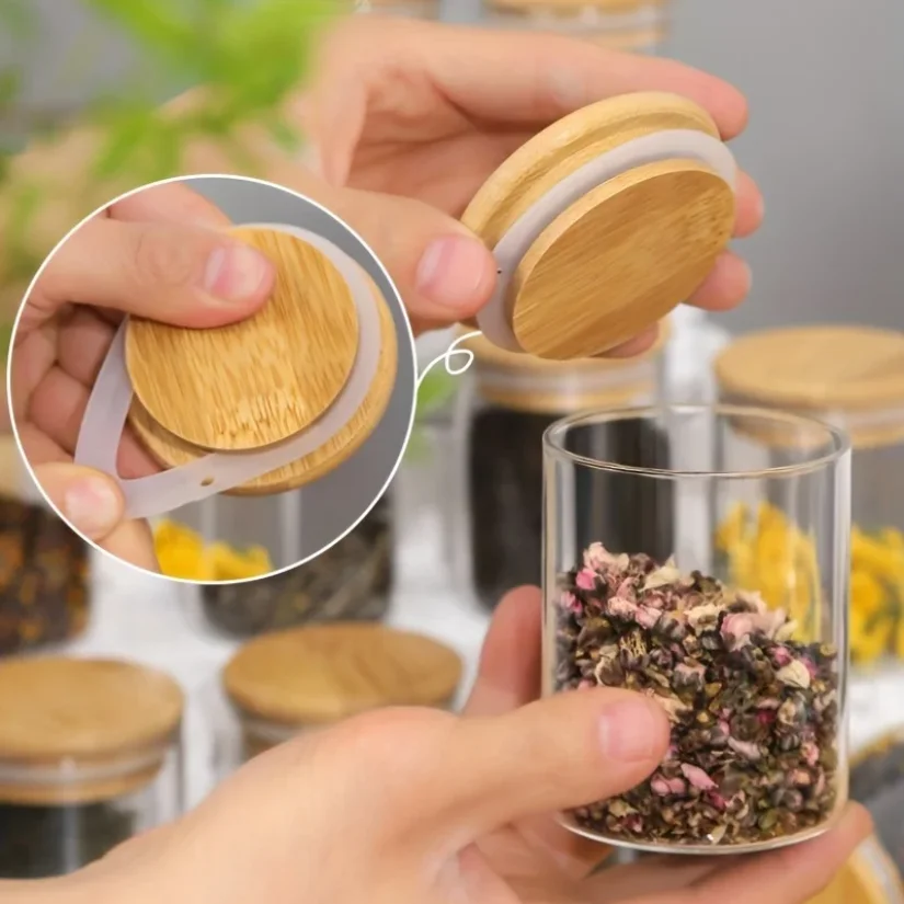 12 pots à épices en verre avec couvercle en bambou, contenants à épices hermétiques de 8 oz avec... – Image 3