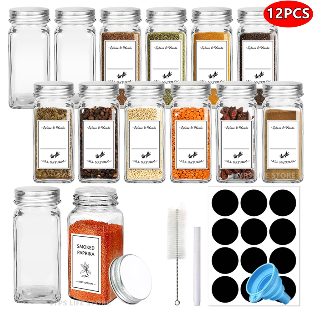 Pots à épices en verre avec couvercles métalliques, 12 pièces, salière, poivrière, récipients d'a...