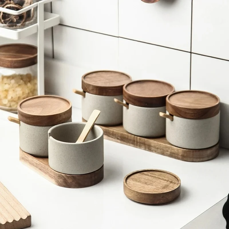 JUSTINLAU Pot d'assaisonnement en céramique récipient à épices japonais avec couvercle en bambou... – Image 2