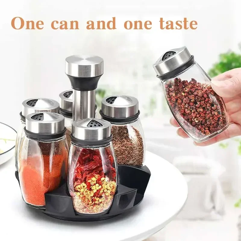 Ensemble de pots à épices en verre 6 en 1, support rotatif en verre pour assaisonnement, sucre, b... – Image 3