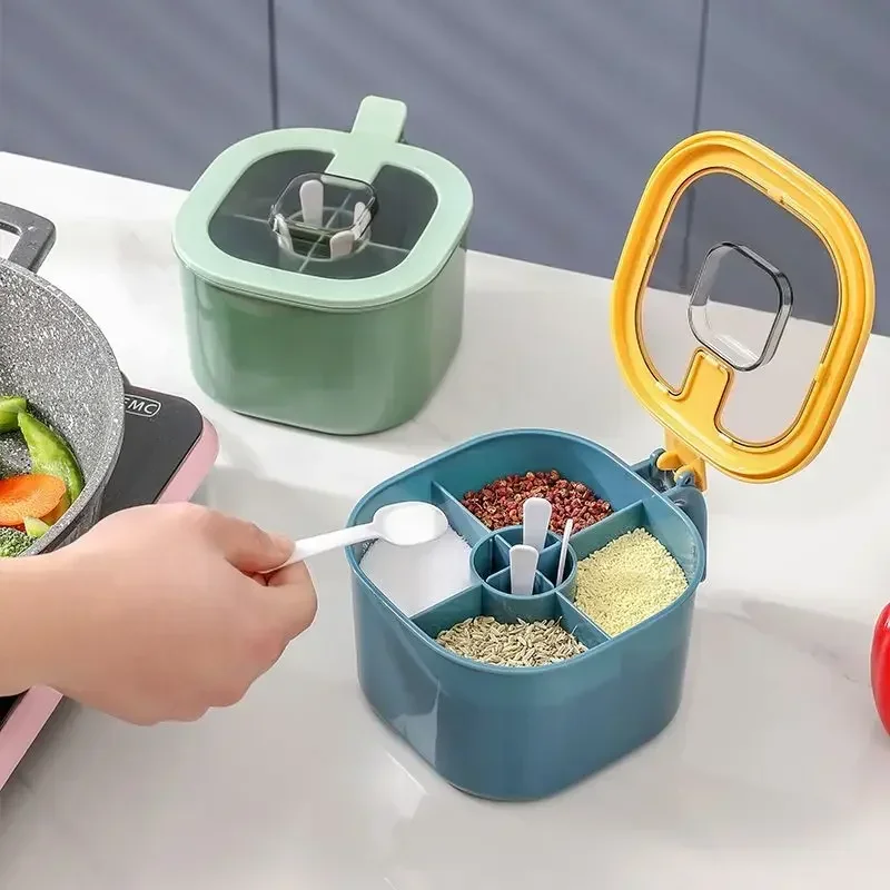Pot à épices 4 en 1, boîte d'assaisonnement avec cuillère, multi-compartiments, sel, poivre, épic...