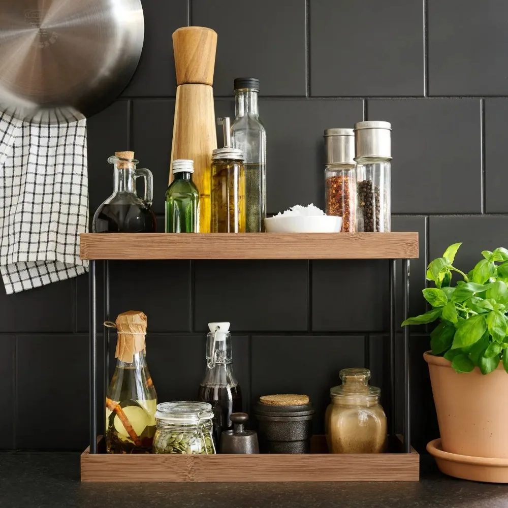 Étagère à Épices en Bambou à 2 Niveaux, Organisateur de Comptoir de Cuisine, Étagère de Rangement... – Image 2