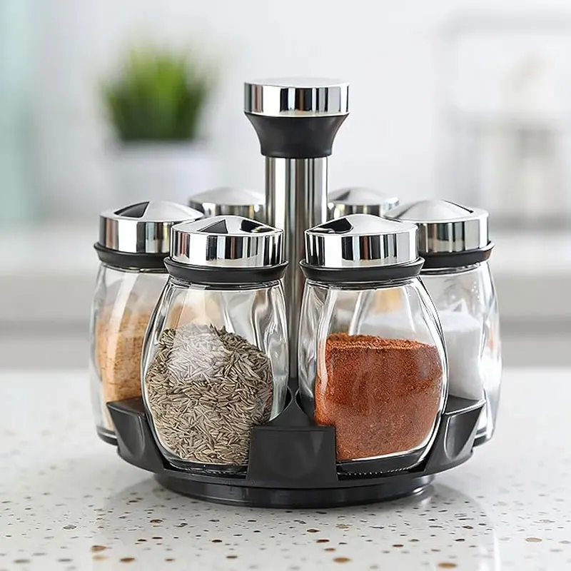 1/7 pièces Organisateur rotatif en verre pour pots à épices, bouteilles à sucre et poivre, suppor... – Image 2