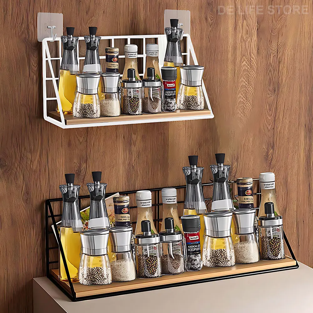 Étagère murale de rangement pour bocaux à épices en bois, support d'assaisonnement pour cuisine,...