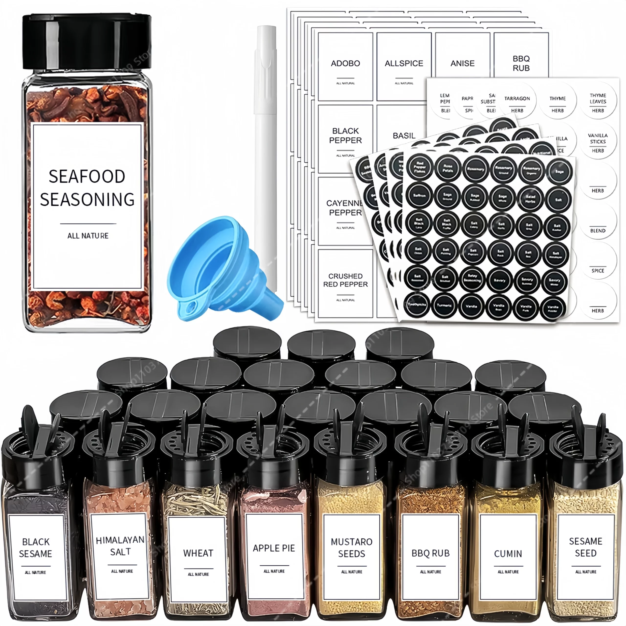 Lot de 12 pots à épices en verre avec étiquettes, récipients à assaisonnements, pots à sel avec c...