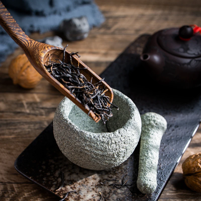 Mortier et pilon en pierre naturelle, fait main, Zen Premium, pour thé, épices, cérémonie du thé... – Image 2