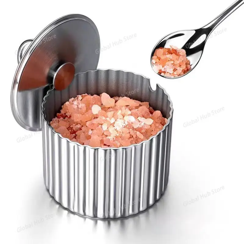 1PCS Pot à sel de luxe en acier inoxydable, sucrier avec couvercle et cuillère, récipient à épice... – Image 2
