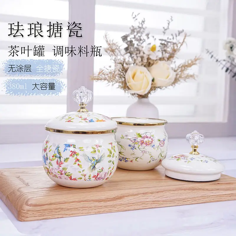 Pot de rangement en émail pour cuisine, stockage d'épices rond européen vintage, sans couches de...