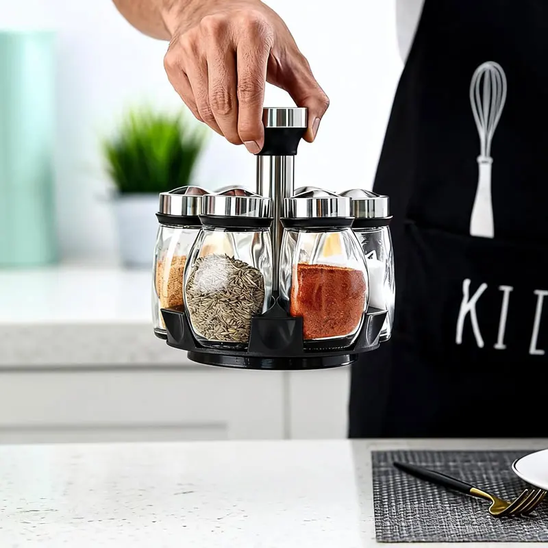 Ensemble de 1/7 pots à épices rotatifs en verre pour cuisine, avec support de rangement pour sel,... – Image 3
