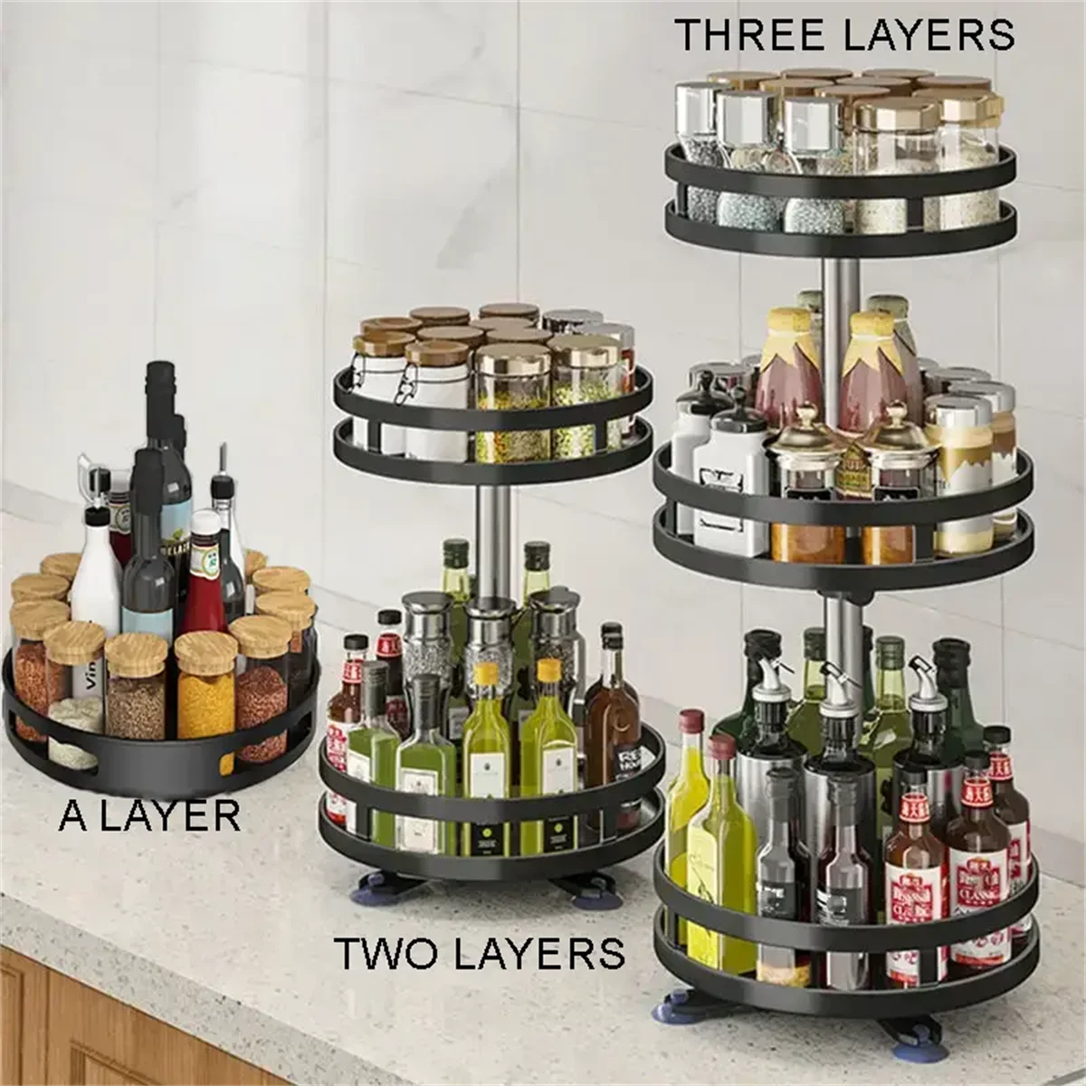 Plateau de rangement pour la cuisine | 360 ° Plateau tournant en acier au carbone, organisateur d... – Image 2
