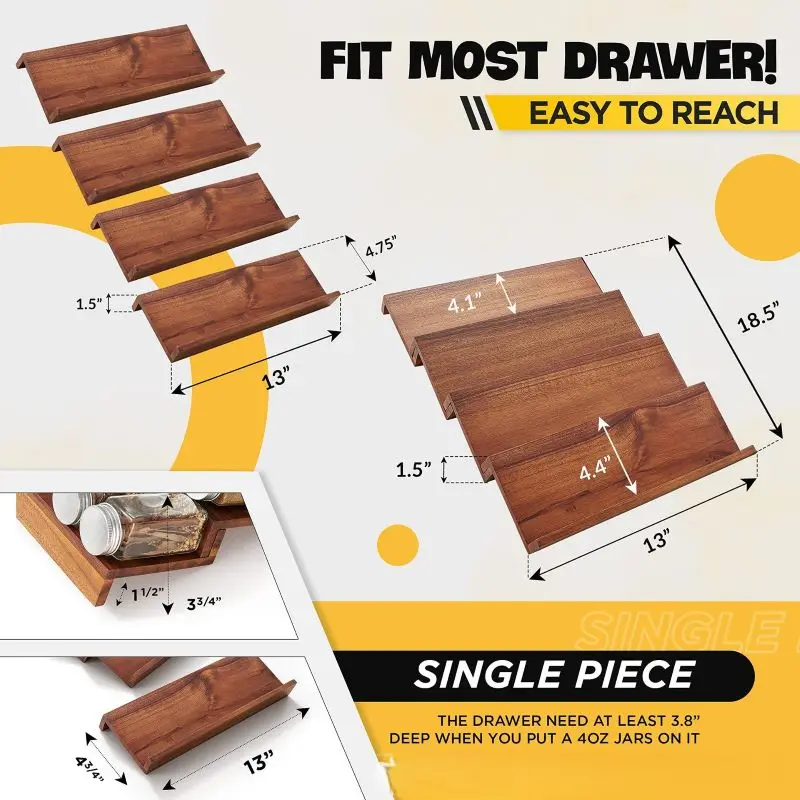 Étagères à épices T1 à 4 niveaux en bois d'acacia, étagère de rangement pour armoire – Image 2