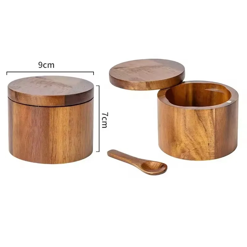 Pot d'assaisonnement en bois, salière à poivre, boîte d'assaisonnement de grande capacité avec cu... – Image 2