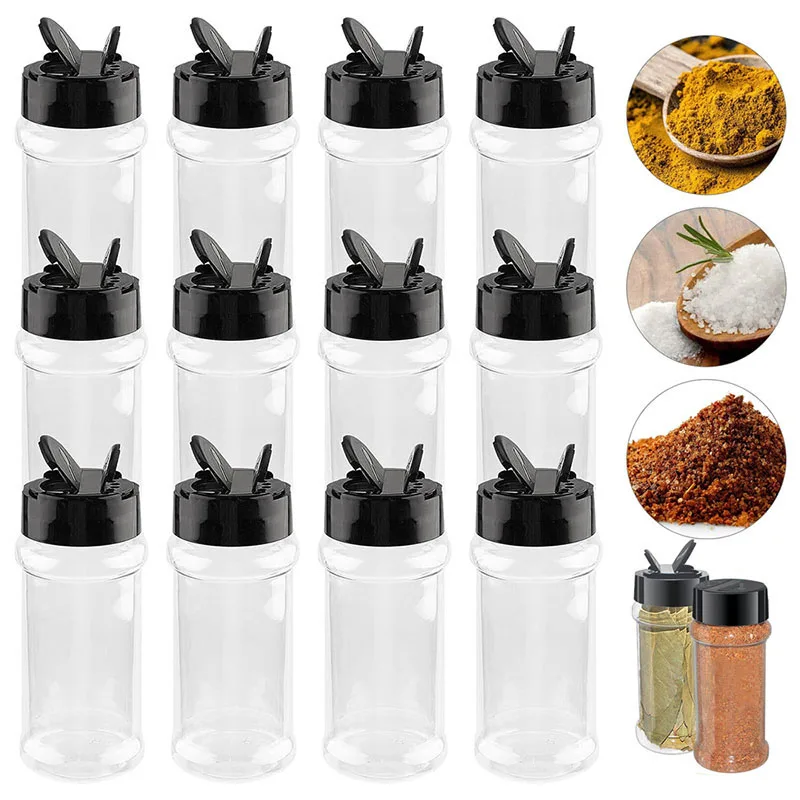 Ensemble de Bocaux d'Assaisonnement en Plastique avec Capuchon Noir, Transparent, Réutilisable, p...