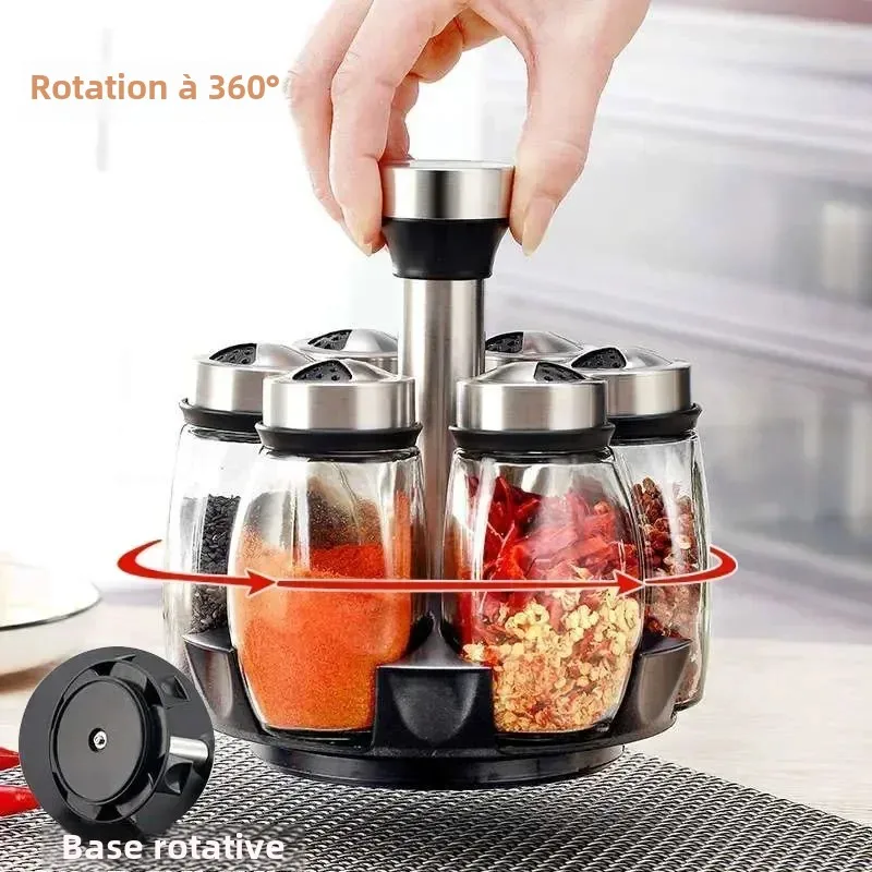 Nouveau pot à épices ensemble support organisateur en verre rotatif verre assaisonnement sucre bo...